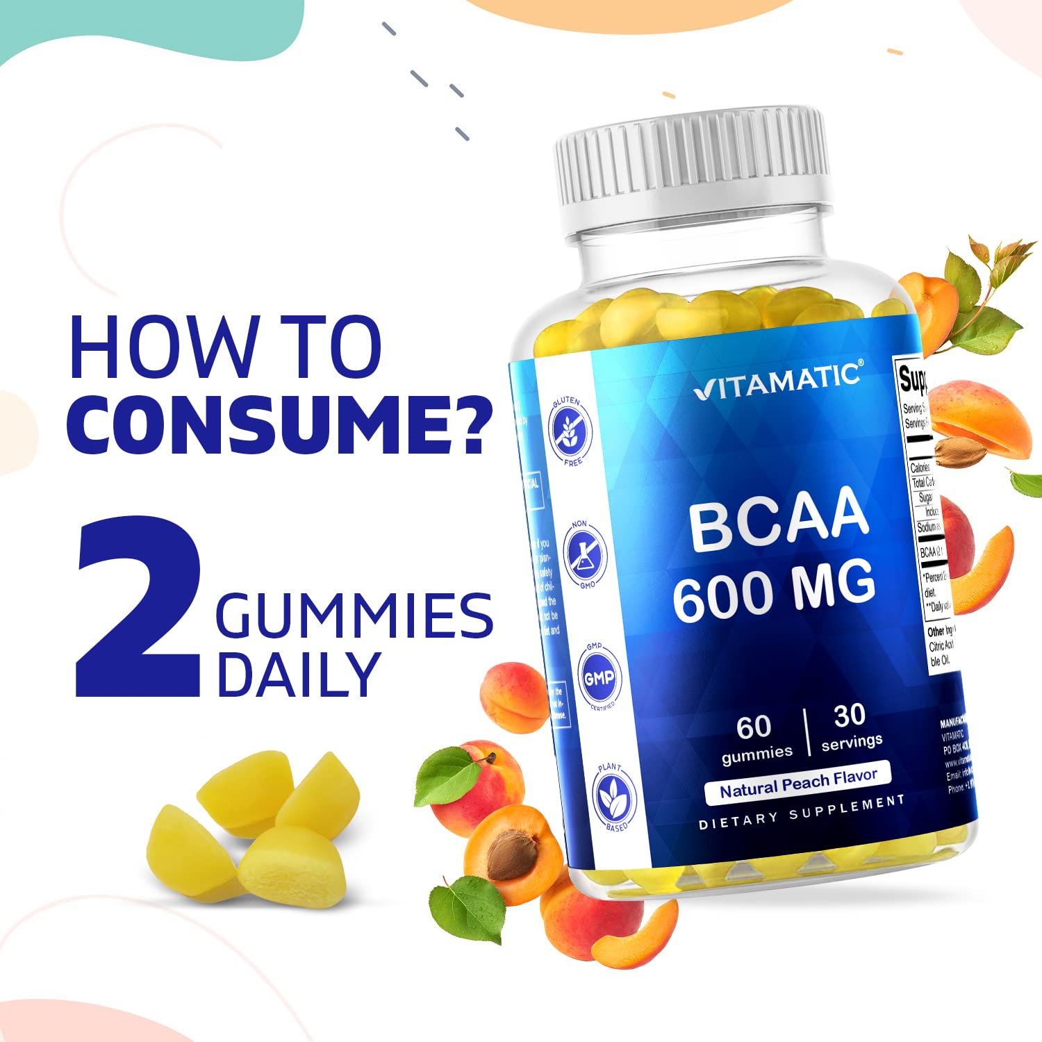 Vitamatic BCAA Gummies - Branch Chain Amino Acid Supplements - Peach Flavor - 600mg per Serving - 60 Vegan Pectin Based Gummies