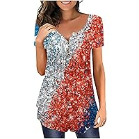 American Flag Shirt Womens Short Sleeve Henley Shirts V-Neck Button Down Blouse Casual Pleated Flowy T-Shirt Tops