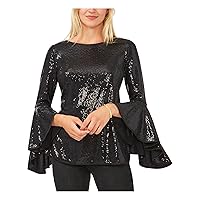 Vince Camuto Womens Black Metallic Textured Sheer Unlined Flutter Sleeve Crew Neck Cocktail Top XS