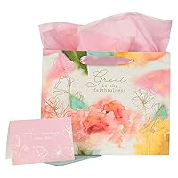 Christian Art Gifts Large Landscape Gift Bag for Women w/Greeting Card & Tissue Paper Set: Great Is Thy Faithfulness - Inspirational Religious Wrapping Essential, Pink Pastel Multicolor Floral w/Gold