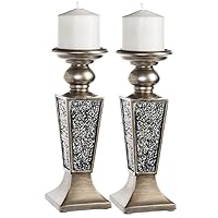 Creative Scents Schonwerk Pillar Candle Holder Set of 2 - Crackled Mosaic Design - Coffee Table Decor - Decoration Centerpiece for Living Room or Dining Room - Best Wedding Gift (Silver)
