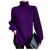 Sweaters for Women Solid Color Turtle Neck Basic Long Sleeve Loose Ribbed Cable Knit Pullover Tops Fall Fashion 2023
