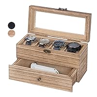 Watch Box, Watch Case for Men Women with Large Glass Lid, Wooden Watch Display Storage Box with 2 - Layers & 4 - Slots, Wood Mens Watch Box Organizer for Gift