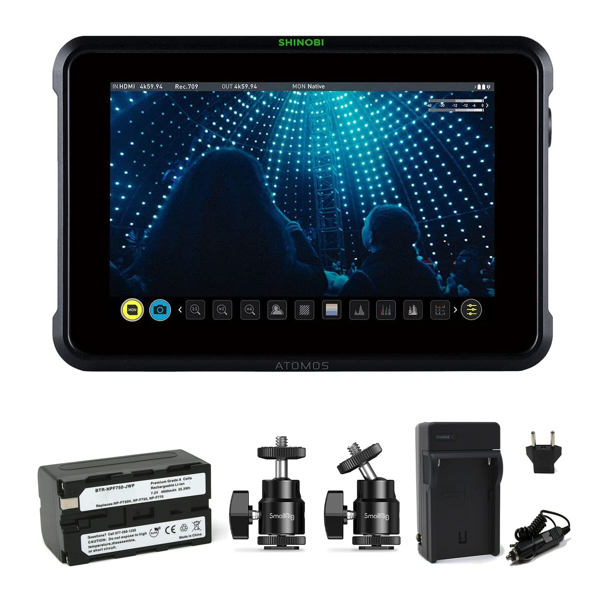 Atomos Shinobi 7-Inch 4K Photo and Video Portable Monitor | 1920 x 1200 Touchscreen Display Video Monitors with HDMI 2.0 in/Out | SmallRig Camera Hot Shoe Mount, Battery & Charger Bundle Set