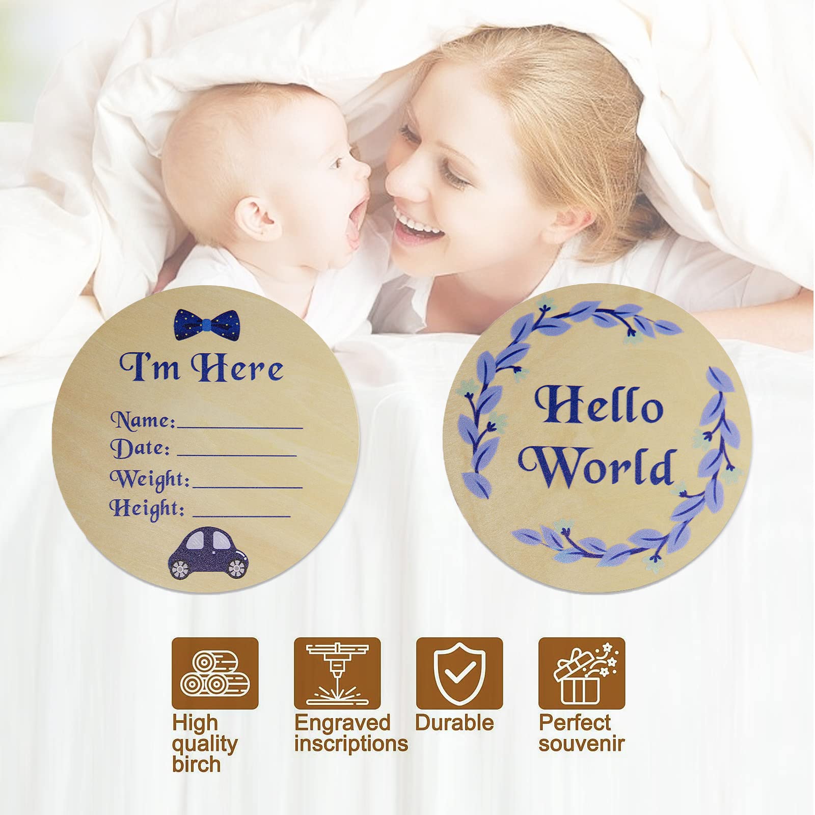 For Baby Boy, Hello World - Wood Newborn Baby Birth Announcement Sign, Round (Baby Boy)