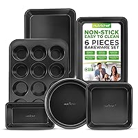 NutriChef 6-Piece Nonstick Baking Pans Set - Black Carbon Steel with Premium Non-Stick Coating - Includes Cookie Baking Sheets, 12-Cup Muffin Pan, Roasting Pan, Loaf & Cake Pans - Dishwasher Safe