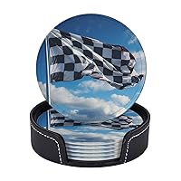Checkered Flag Print Coasters Leather Drink Coasters Set of 6 Heat Resistant Bar Coasters with Storage Case Round Cup Mat Pad for Living Room Kitchen Office Gift
