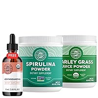 USDA Organic Barley Grass Juice Powder, 62 Servings and Natural Spirulina Powder, 83 Servings and USDA Organic Ashwagandha Liquid Extract, 57 Servings - Bundle