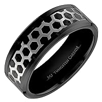 Tungsten Ring Black Plated or Polished 6mm or 8mm Wedding Band Hexagon Pattern Over Black Carbon Fiber Inlay Comfort Fit