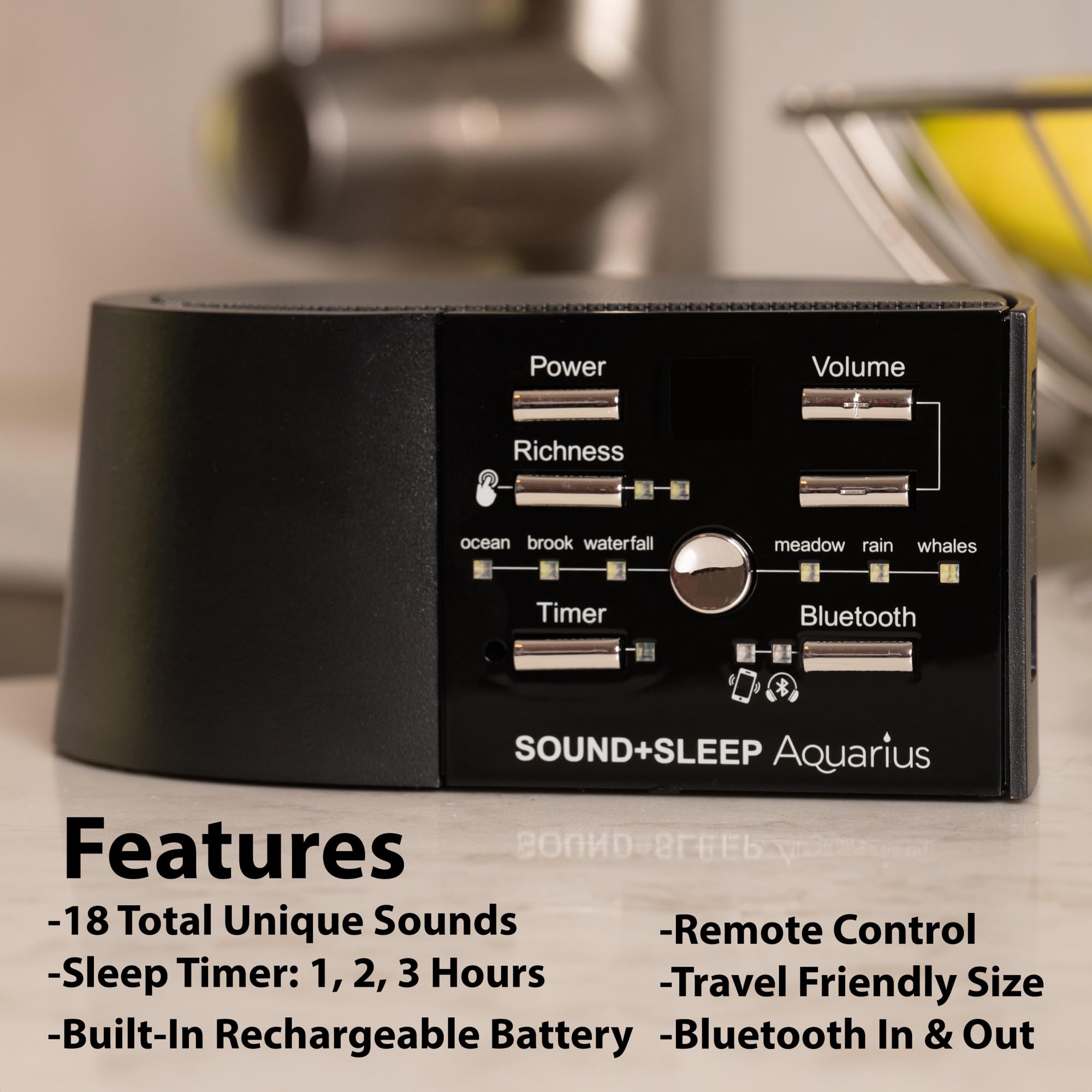 Sound+Sleep Aquarius Aquatic Non-Looping Portable Sound Sleep Machine and Bluetooth Speaker with 18 Soothing Water Sounds and Sleep Timer, Travel Friendly for Home, Office, Nursery