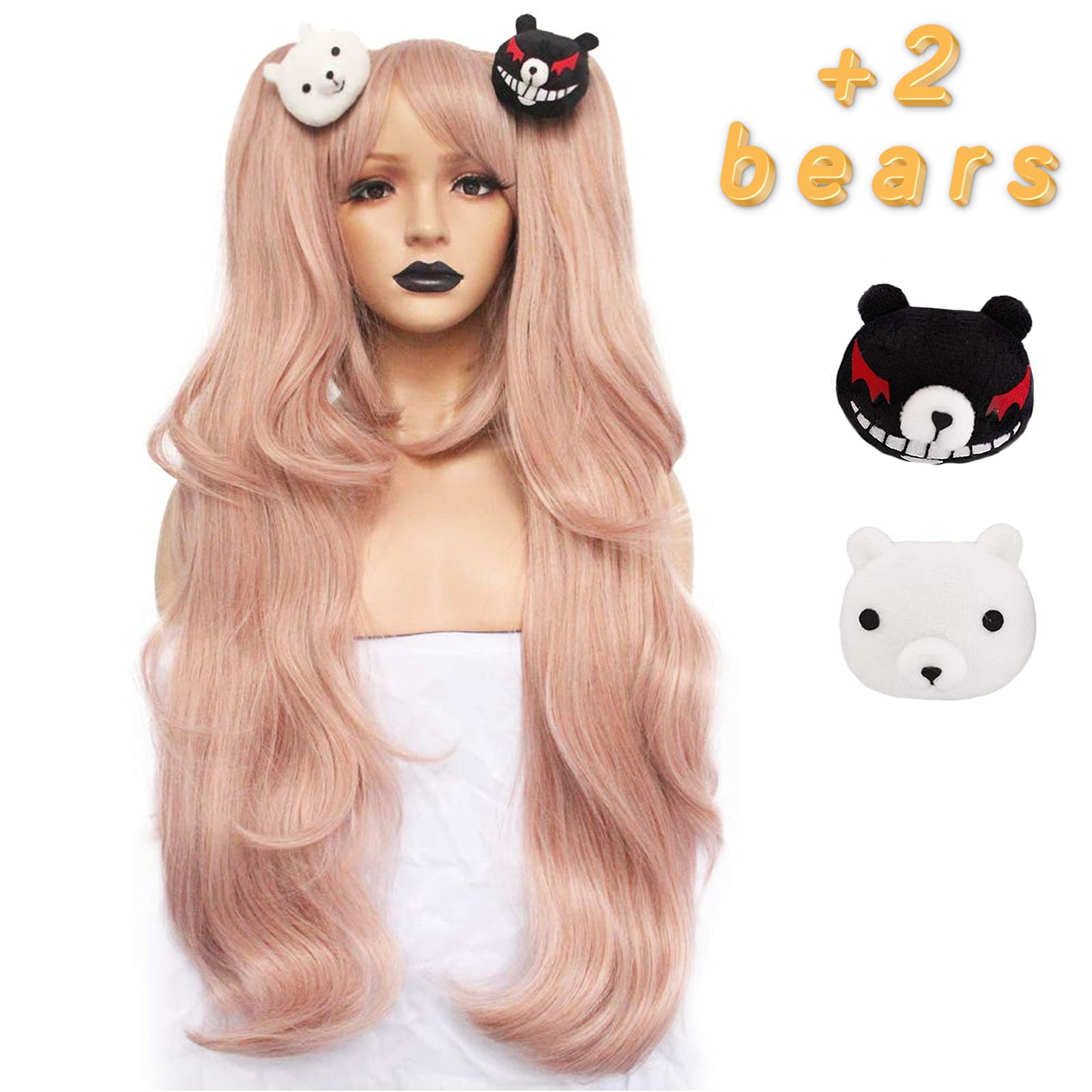 ANOGOL Hair Cap+ ( 2 Bears ) Light Pink Junko Enoshima Cosplay Wig Long Synthetic Wig For Girls Costume Party Halloween Christamas Wig With Hair Accessory