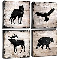 Rustic Cabin Wall Decor Wildlife Wall Art Deer Wolf Moose Bear Pictures Canvas Prints Farmhouse Woodland Nursery Mountain Animal Painting for Living Room Bedroom Lodge Home Decorations 12x12