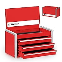 Mini Red Tool Box, Portable 3 Drawer Steel Tool Box with Magnetic Tab Locking, Red Micro Top Chest with Liner for Tools Storage, Home DIY