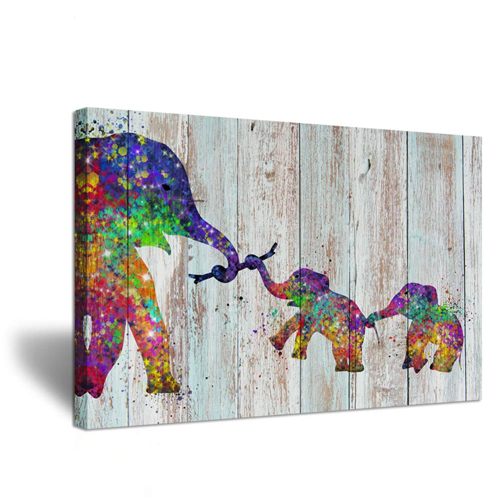 Zlove Vintage Funny Animal Wall Art Colorful Elephant Family Illustration Art Painting Print On Wood Background Picture Stretched and Framed for Ho...