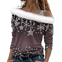 Christmas Long Sleeve Womens Shirts Asymmetrical Off Shoulder Pullover Tops Fashion Fleece Cute Teen Girl Clothes