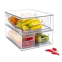 3 Pack Refrigerator Organizer Bins with Pull-out Drawer, Stackable Fridge Drawer Organizer Set with Handle, Clear Plastic Food Storage Containers for Freezer, Cabinet, Kitchen, Pantry