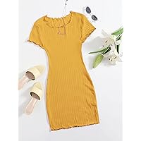 Dresses for Women - Lettuce Trim Rib-Knit Bodycon Dress (Color : Mustard Yellow, Size : X-Large)