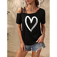 Women's T-Shirt Heart Print Asymmetrical Neck Tee (Color : Black, Size : Medium)