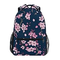 ALAZA Pink Cherry Blossom Flower Flroal Navy Blue Backpack Purse with Multiple Pockets Name Card Personalized Travel Laptop School Book Bag, Size M/16.9 inch