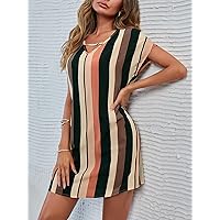 Summer Dresses for Women 2022 Striped -Neck Batwing Sleeve Tunic Dress Dresses for Women (Color : Multicolor, Size : X-Small)