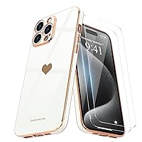 Teageo for iPhone 15 Pro Max Case with Screen Protector [2 Pack] Girl Women Cute Girly Love-Heart Luxury Gold Soft Cover Camera Protection Silicone Shockproof Phone Case iPhone 15 Pro Max, White