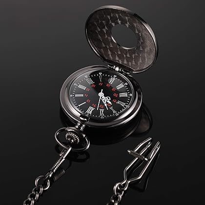 Hicarer Vintage Pocket Watch Steel Men Watch with Chain (Black)