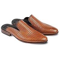 Woven Pattern Cognac Leather Whole Cut Backless Slip On Mule for Men Made-to-Order Premium Quality Handmade (Cognac, US Footwear Size System, Adult, Men, Numeric, Wide, 7)