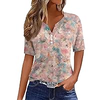 Women's Summer Tops 2024 Casual Floral Print V-Neck Short Sleeve Decorative Button T Shirt Top Tops, S-3XL