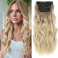 NAYOO 4PCS Clip in Hair Extensions Long Wavy Curly Synthetic Thick Hairpieces for Women with Fiber Double Weft Hair Full Head（20 inch, Ombre Ash Brown to Bleach Blonde）
