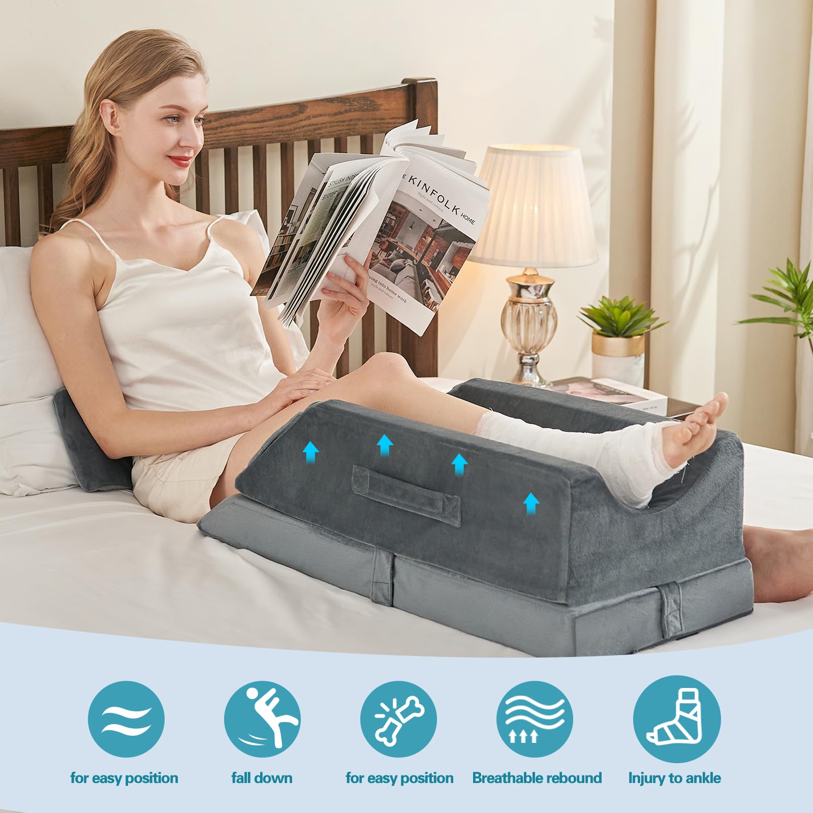 JOYWOO Memory Foam Leg Elevation Pillow - Post-Surgery, Knee and Ankle Injuries, Swelling - 3 Height Adjustments - Removable/Washable
