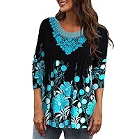 Womens Tops for Spring Womens Daily Summer Print O Neck Tops Three Quarter Sleeve Round Neck Tee Shirt Printed