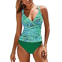 CUPSHE Women's Tankini Sets Two Piece Swimsuit Tummy Control V Neck Crisscross Back Tie Mid Rise Adjustable Straps