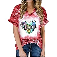 Womens Mama Letter Bleached Tops Leopard Heart Graphic Tees Shirts Summer Fashion Casual Short Sleeve V Neck Tshirts