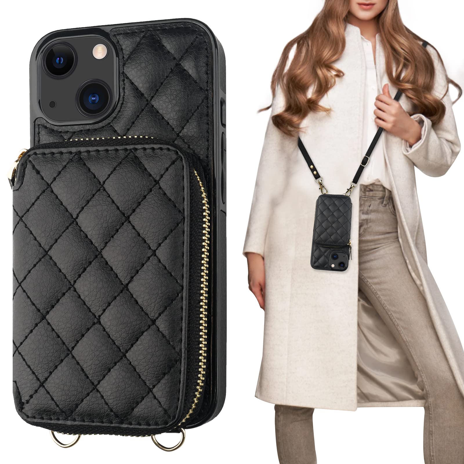 Bocasal Crossbody Wallet Case for iPhone 13, RFID Blocking PU Leather Zipper Handbag Purse Flip Cover, Kickstand Folio Case with Card Slots Holder Wrist Strap Lanyard 5G 6.1 Inch (Black)