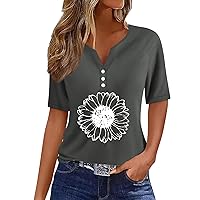 V Neck T Shirts for Women Short Sleeve Button Down Casual Loose Tops Cute Sunflower Printed Vacation Clothes