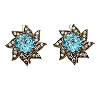 925 Sterling Silver and 18ct Gold Plated Flower Design Drop Earring For Women Blue Topaz and Zircon Gemstone Handmade Designer Fashion Earring Gift Party Modern Jewelry