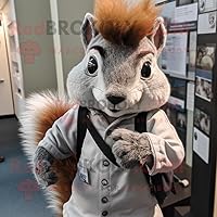 Gray Squirrel mascot costume character dressed with a Henley Shirt and Hair clips