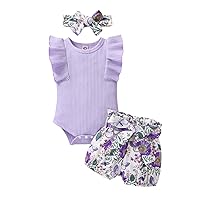 Tiny Cutey Baby Girl Clothes Infant Summer Outfits Set Ruffle Sleeve Romper and Floral Shorts with Headband