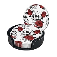 Coasters Sets of 6 with Holder PU Leather Bar Drink Coasters for Coffee Table Home Decor, New Apartment Essentials for Men Women Housewarming Gifts - Floral Skull