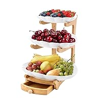BreeRainz Upgrade 3 Tier Ceramic Fruit Bowl for Kitchen Counter with Drawer, Sea Shell Decorative Bowl, Modern Fruit Stand w/Bamboo Stand for Dessert Snack Fruit and Vegetable Storage