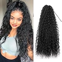 30inch Long Corn Curly Wave Drawstring Ponytail Synthetic High Puff Hair Pieces With Comb Black Wavy Clip in Extensions (1B)