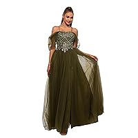 Women's Formal Spaghetti Straps Tulle Maxi Evening Dress, Cold Shoulder Split Thigh Mesh Lace-up HOCO Gown