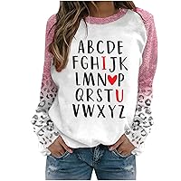 Women Love Heart Sweatshirt Valentine's Day Shirts Trendy Casual Long Sleeve Leopard Print Color Block Tunic Tops