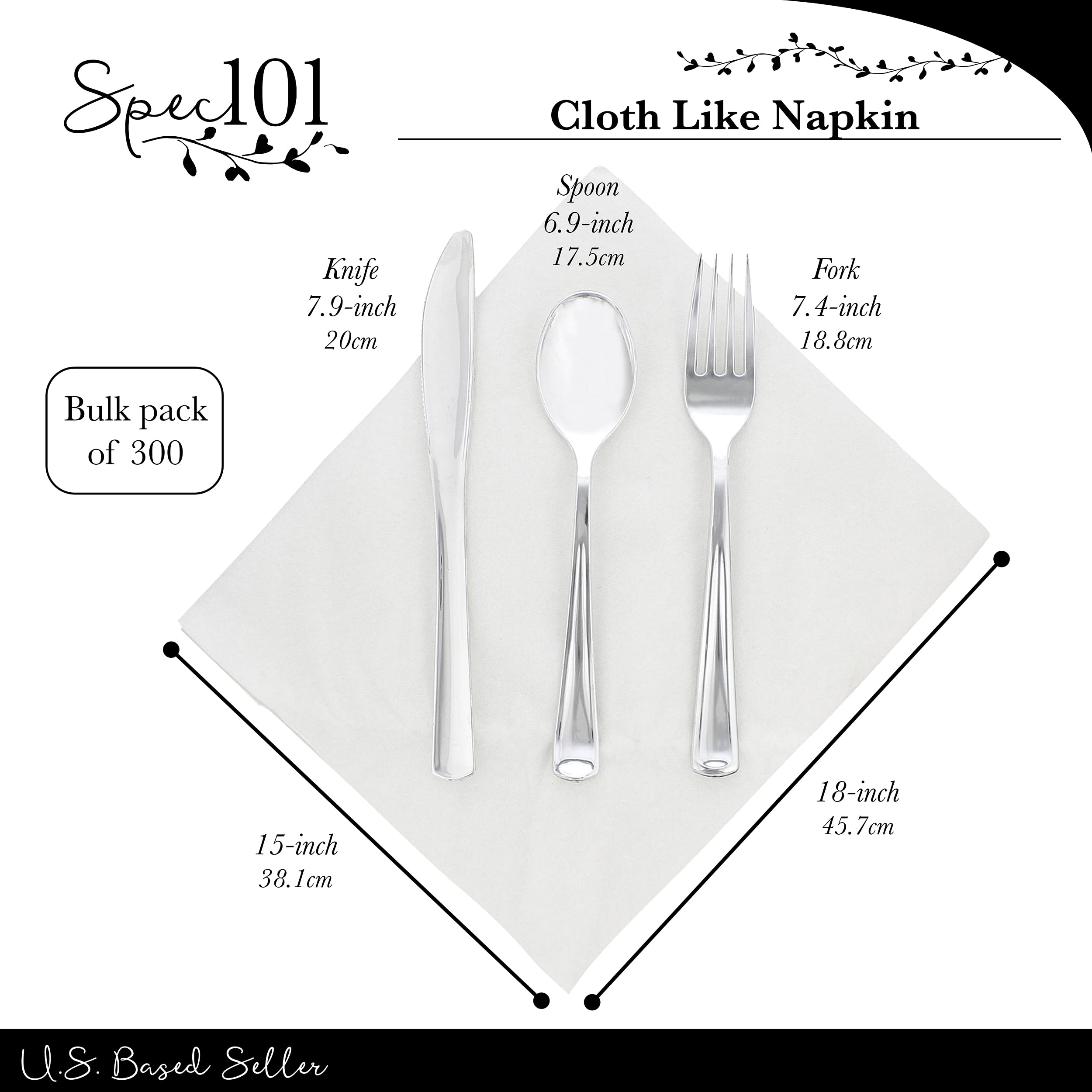 Spec101 Silver Plastic Silverware Sets for Parties Set of 300 - Pre Rolled Disposable Cutlery Individually Wrapped Plastic Utensils Set with Napkins for Weddings, Anniversaries, and Events
