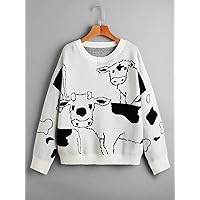 Women's Sweater Cow Print Drop Shoulder Sweater Sweater for Women (Size : Small)