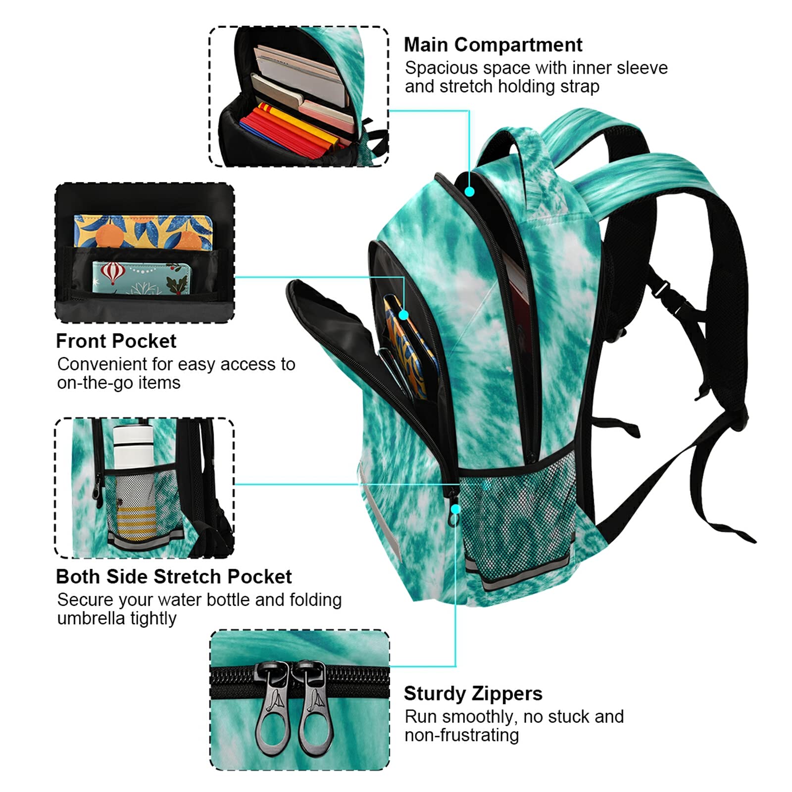 ALAZA Teal Turquoise Tie Dye Backpacks Travel Laptop Daypack School Book Bag for Men Women Teens Kids… one-size