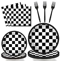 96 Pieces Black and White Checkered Tableware Set for Racing Car Table Decorations Supplies Race Sports Themed Dessert Plates Race-car Party Napkins Forks for 24 Guests Car Birthday Party Favors