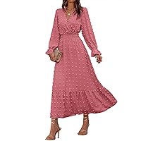 BTFBM Women Fall Dresses 2023 Long Sleeve V Neck Swiss Dots Maxi Dress Boho Long Dress High Waisted A-Line Ruffle Dress