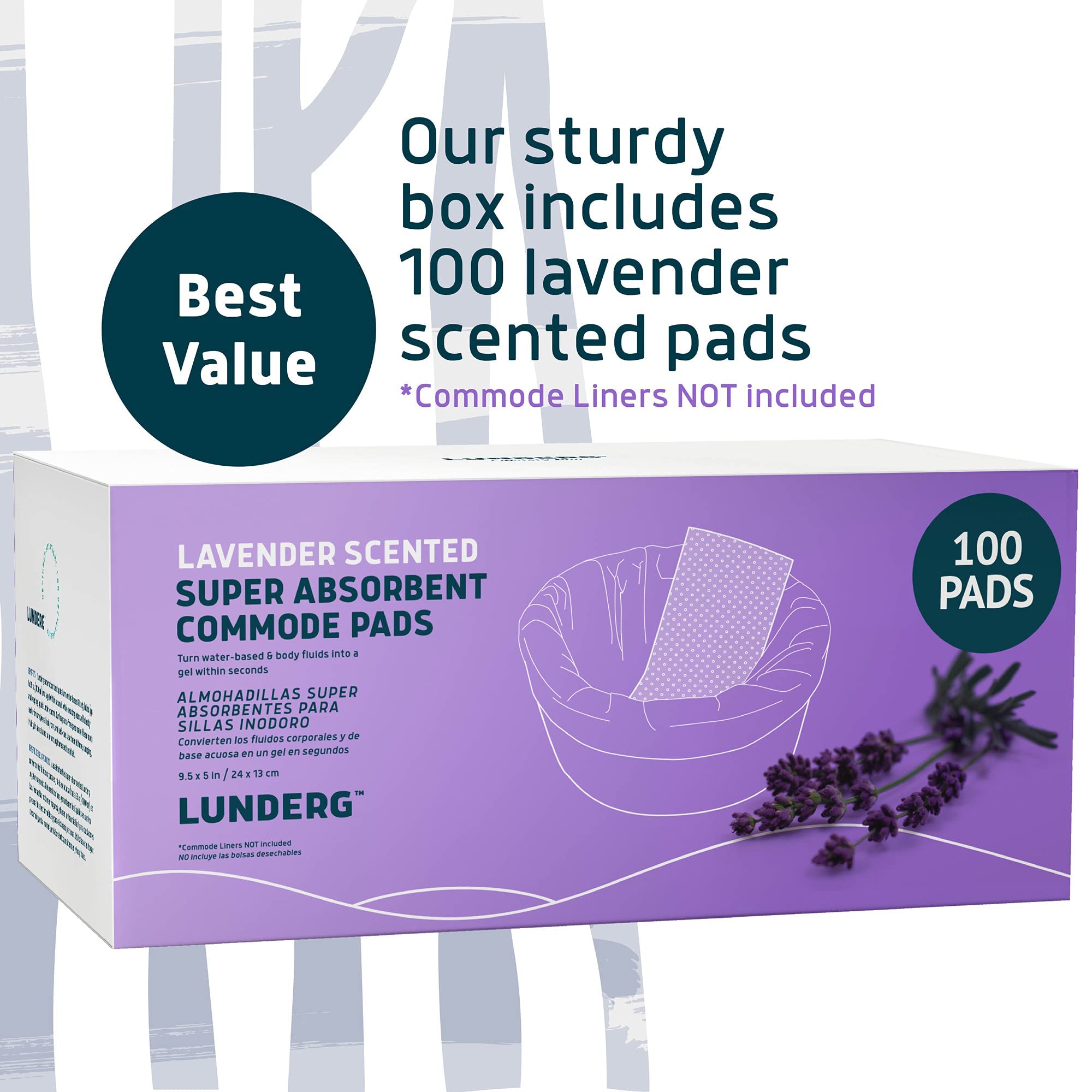 Lunderg Lavender Scented Super Absorbent Commode Pads - Medical Grade Value Pack 100 Count - for Bedside Commode Liners Disposable, Adult Commode Chair, Portable Toilet Bags - Light Scent