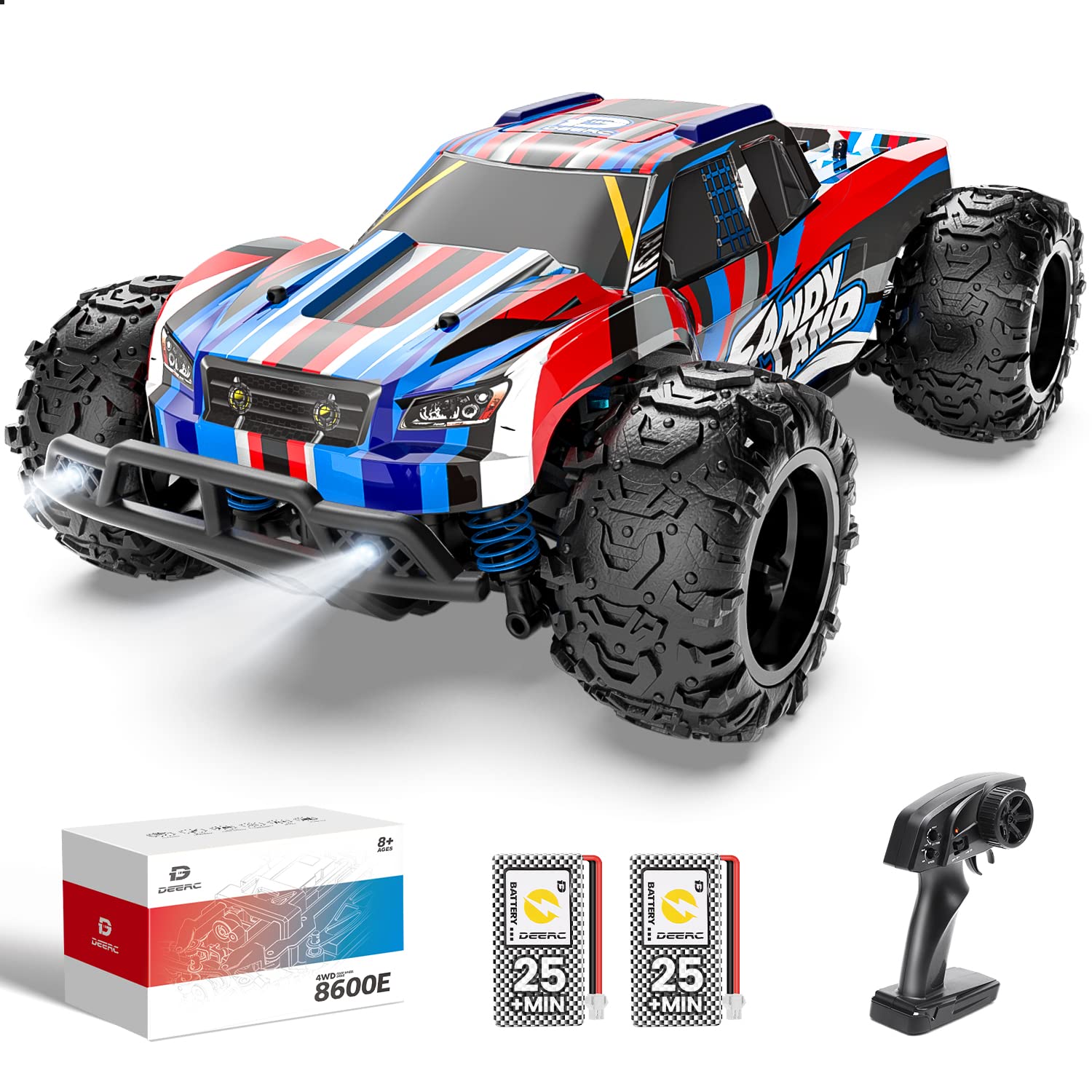 DEERC High Speed RC Car Full Proportional Remote Control Truck, All Terrains 4WD RC Truck W/LED Lights, 50 Mins Play, 25 Km/h Electric Vehicle Toy, 2.4Ghz 1:20 Off Road Monster Truck, B-Day Gift